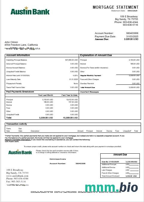 USA Austin Bank wyciąg z kredytu hipotecznego w formatach Word i PDF